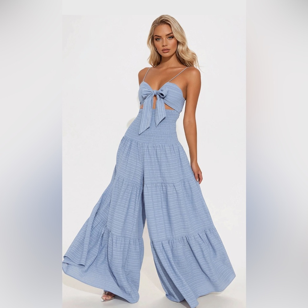 Fashion Nova Light Blue Bow Front Jumpsuit
